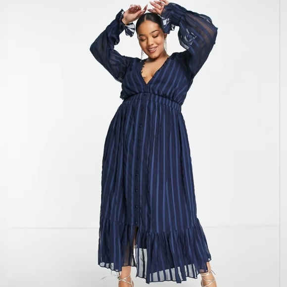 ASOS Curve Maternity Sz 12 Navy Satin Chiffon Sheer Striped Ruffles Midi Dress - Picture 1 of 16